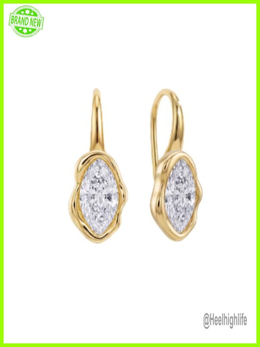 14K Gold & Silver Plated Hook Stud Earrings with CZ, Organic Bezel Set
